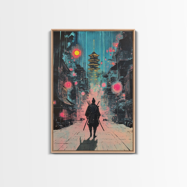Moody Rain Samurai And Pagoda Wall Art, Japanese Cyberpunk Canvas Print, Dark Neon Cityscape Office Decor Gift For Him Poster