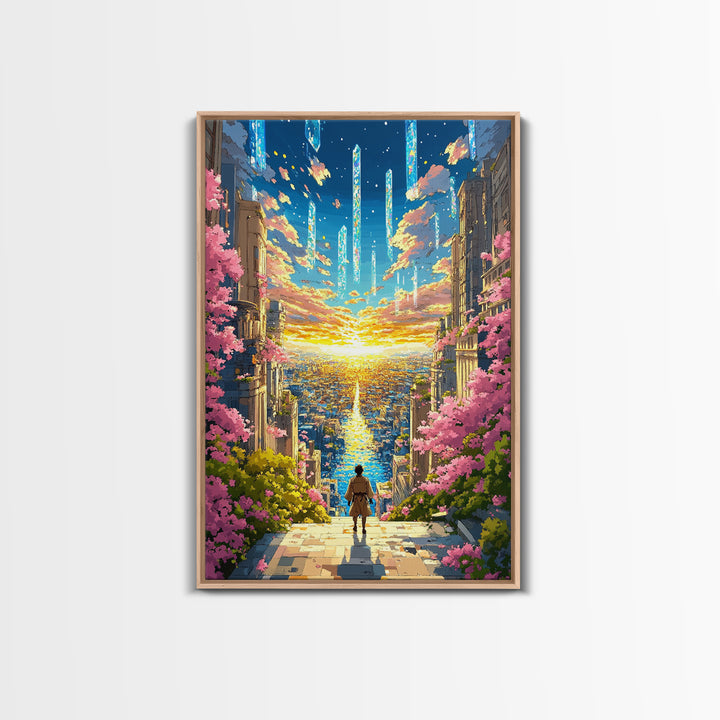 Futuristic City Sunset Vista Wall Art, Cherry Blossom Sci Fi Canvas Print, Vibrant Anime Landscape Living Room Decor Gift