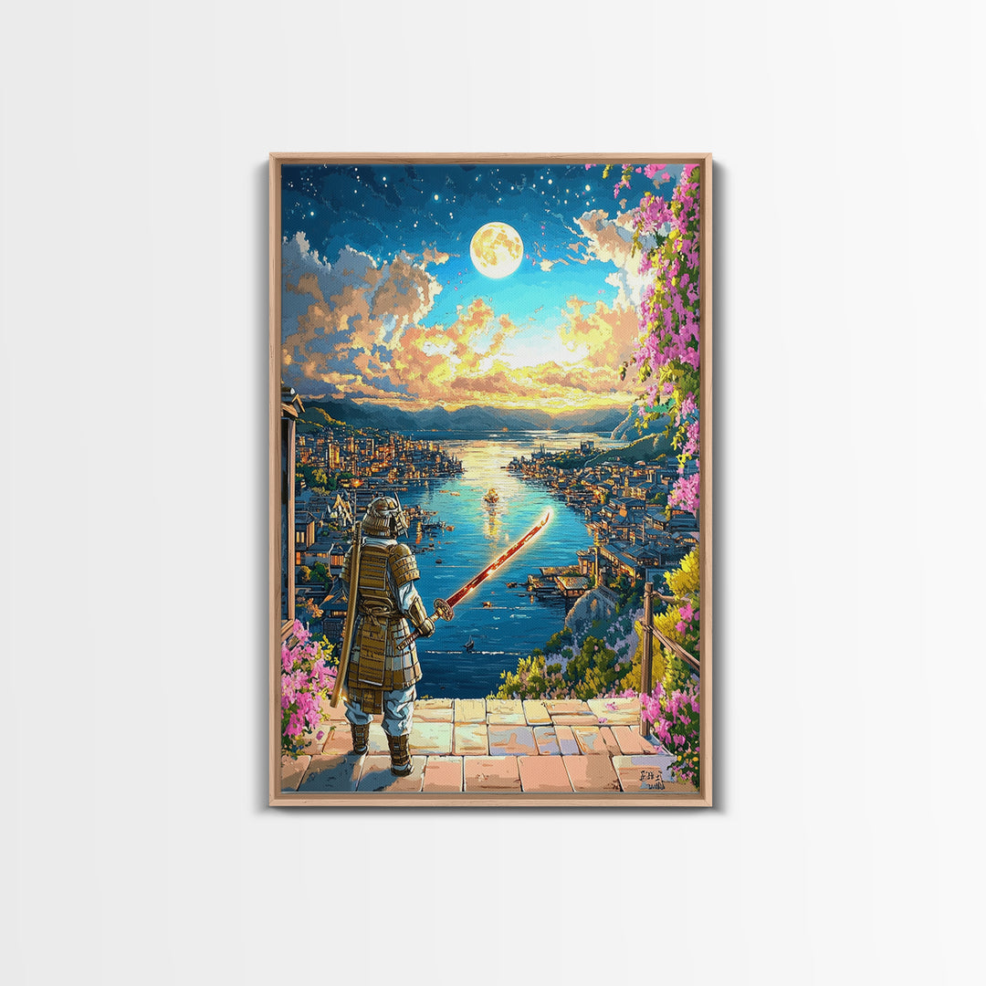 Moonlit Samurai Over Coastal Harbor Wall Art, Japanese Fantasy Landscape, Cherry Blossom Decor, Samurai Canvas, Gift For Him