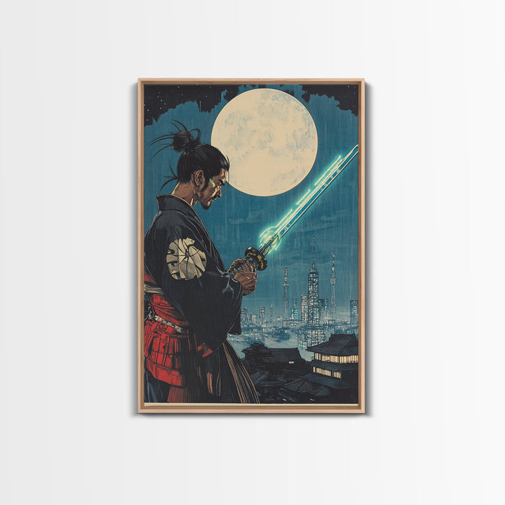 Cyber Samurai Under Full Moon Wall Art, Japanese Warrior Print, Sci Fi Cityscape, Neon Sword Decor, Masculine Office Art