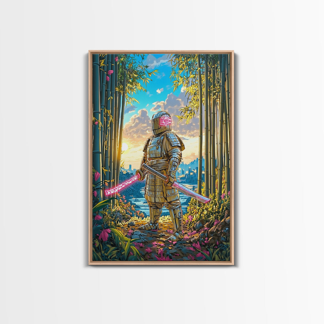 Armored Samurai In Bamboo Forest Canvas Print, Japanese Wall Art, Neon Sword Landscape, Sci Fi Warrior Decor, Gift For Him
