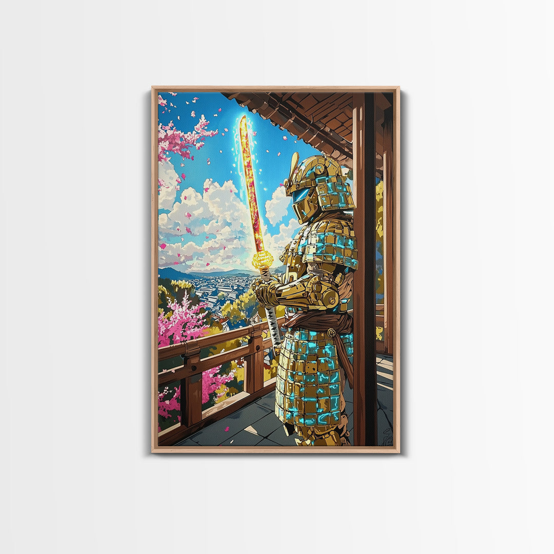 Golden Samurai On Cherry Blossom Balcony Wall Art, Japanese Seascape Print, Fantasy Warrior Wall Decor, Unique Gift For Him