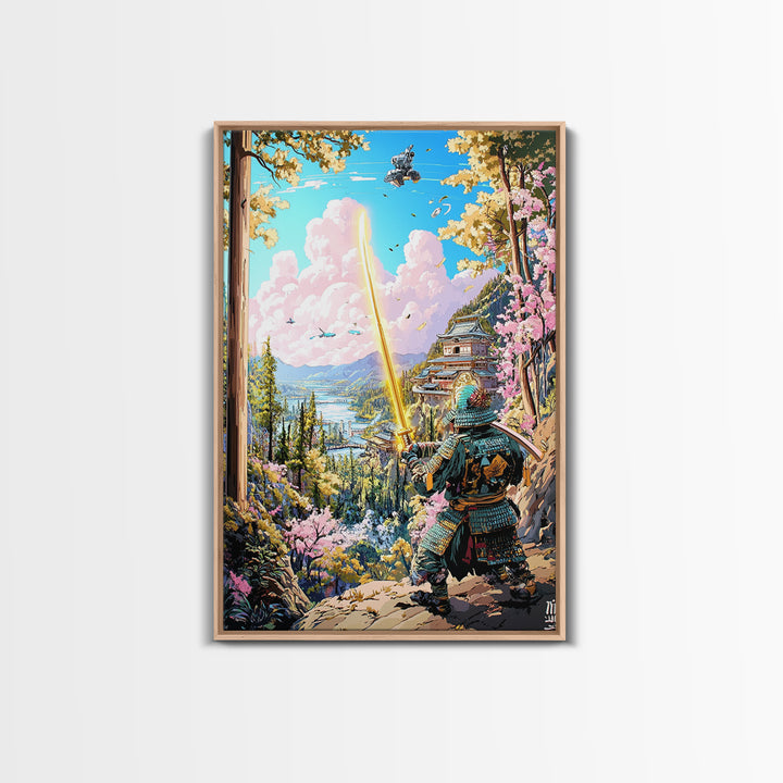 Samurai With Golden Sword Above Mountain Castle Wall Art, Japanese Landscape Print, Cherry Blossom Decor, Fantasy Wall Decor
