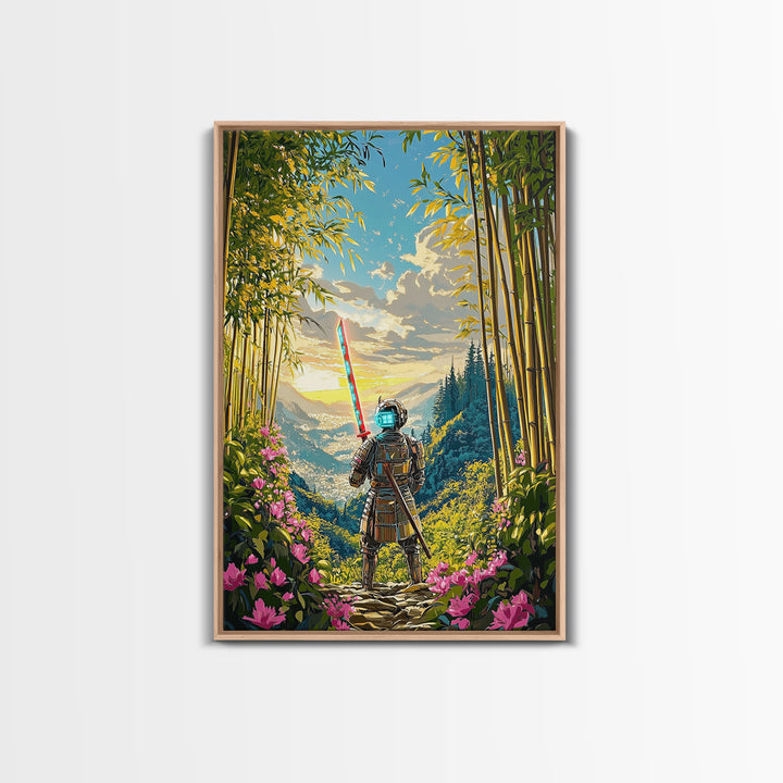 Neon Samurai In Bamboo Mountain Valley Canvas Print, Japanese Wall Art, Sunrise Landscape, Fantasy Home Decor, Gift For Him