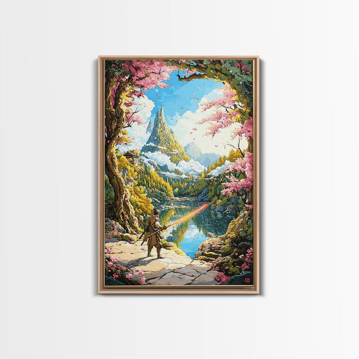 Wandering Samurai By Lake And Mountain Castle Wall Art, Japanese Fantasy Landscape, Cherry Blossom Print, Scenic Home Decor