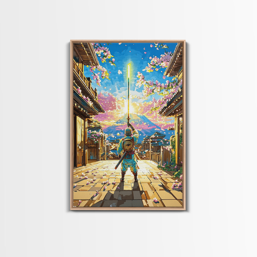 Samurai Raising Neon Sword In Cherry Blossom Village Canvas Print, Japanese Wall Art, Mount Fuji Decor, Fantasy Gift For Him