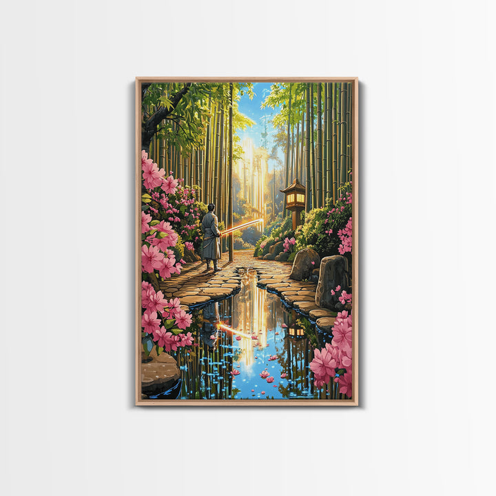 Samurai In Bamboo Garden With Cherry Blossoms Wall Art, Japanese Fantasy Canvas, Zen Landscape, Living Room Decor, Home Decor Gift