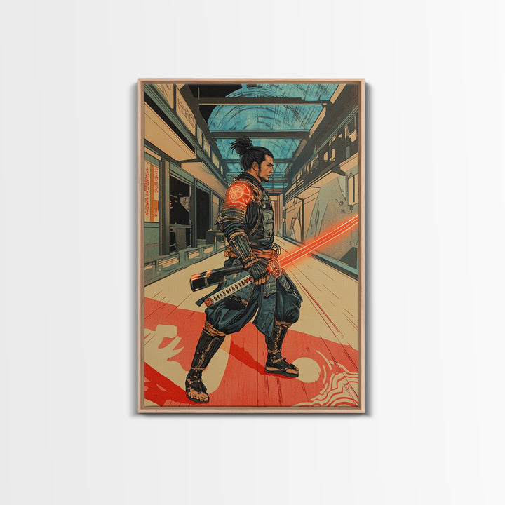 Futuristic Samurai In Subway Station Canvas Print, Japanese Cyberpunk Warrior, Sci Fi Wall Art, Gaming Room Decor Gift Idea