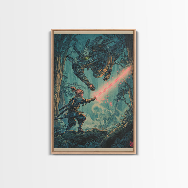 Samurai Battling Giant Mech In Forest Framed Canvas Print, Sci Fi Fantasy Wall Art, Cyberpunk Gamer Room Decor Gift For Him