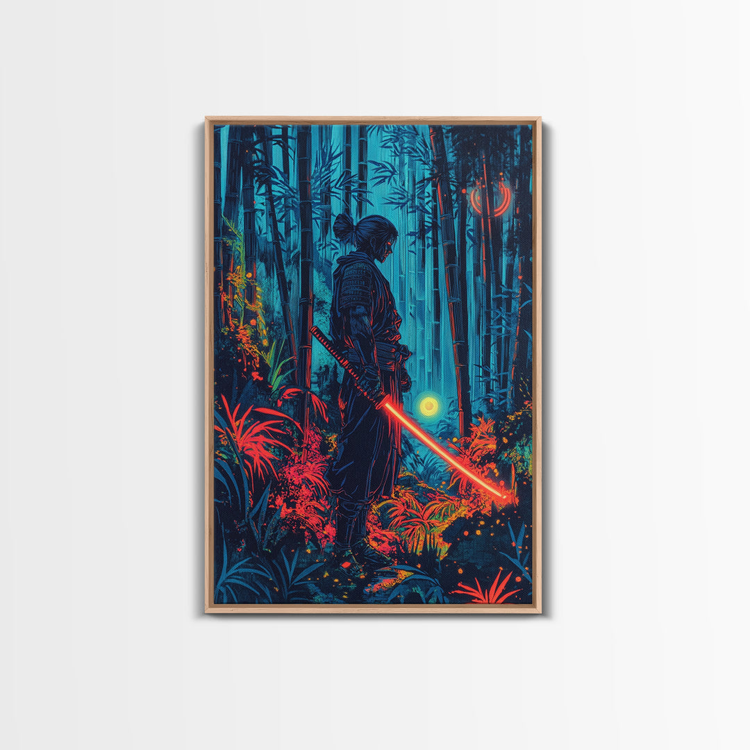 Neon Samurai In Blue Bamboo Forest Canvas Print, Cyberpunk Japanese Wall Art, Dark Fantasy Decor, Gaming Room Gift For Him