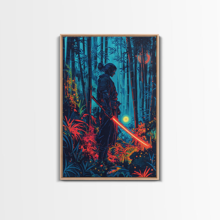 Neon Samurai In Blue Bamboo Forest Canvas Print, Cyberpunk Japanese Wall Art, Dark Fantasy Decor, Gaming Room Gift For Him