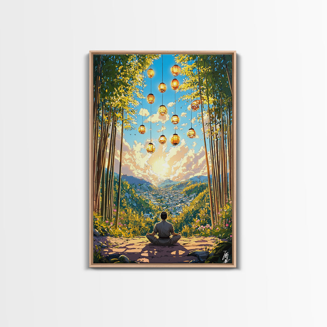 Meditating Figure In Bamboo Valley With Lanterns Wall Art, Zen Landscape Canvas, Japandi Decor, Calm Meditation Room Art