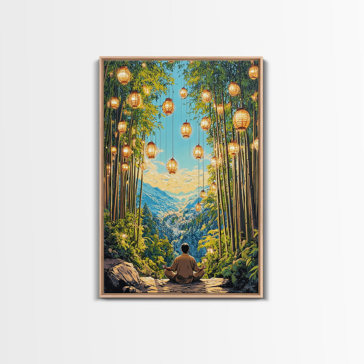Lantern Lit Bamboo Meditation Mountain Wall Art, Japanese Zen Decor, Spiritual Nature Print, Calming Office Living Room Decor