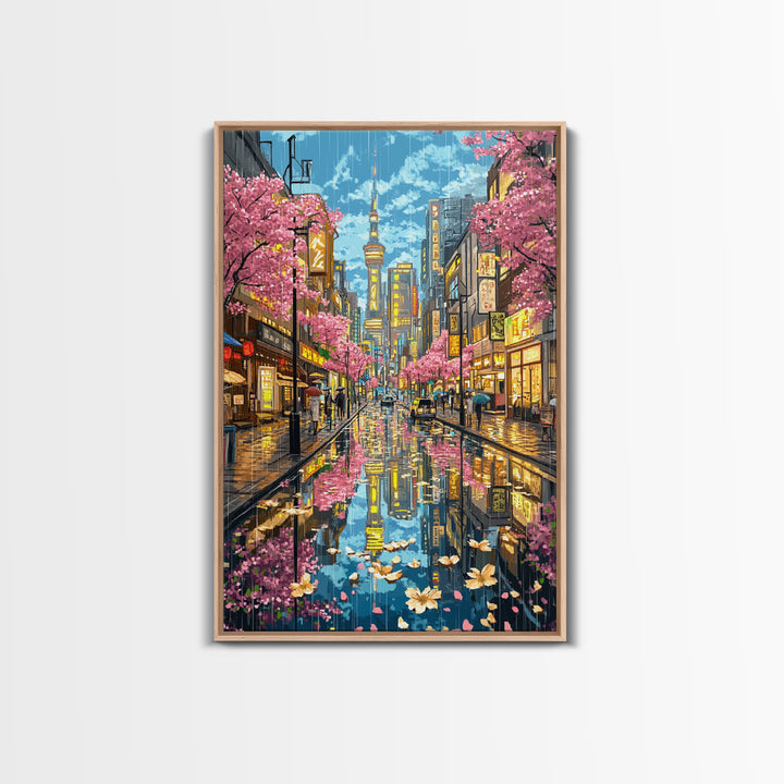 Rainy Tokyo Cherry Blossom Street Wall Art, Japanese Cityscape Print, Neon Urban Travel Poster, Modern Living Room Decor