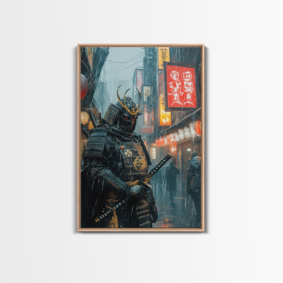 Armored Samurai In Rainy Neon Alley Canvas Print, Japanese Warrior Wall Art, Cyberpunk Decor, Dramatic Office Poster Gift For Him