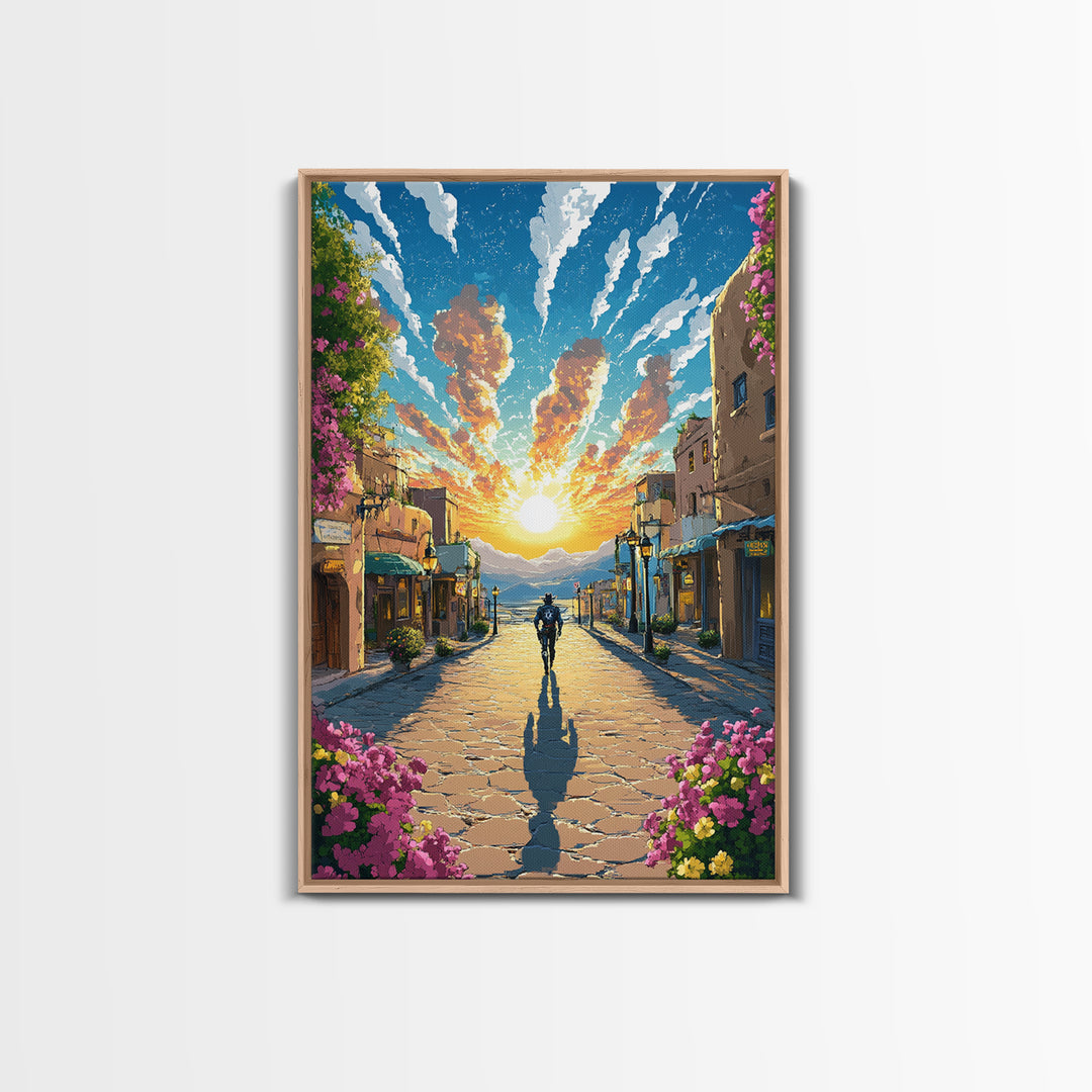 Golden Sunrise Cobblestone Village Wall Art, Mediterranean Landscape Print, Travel Poster, Warm Entryway Home Decor, Living Room Decor