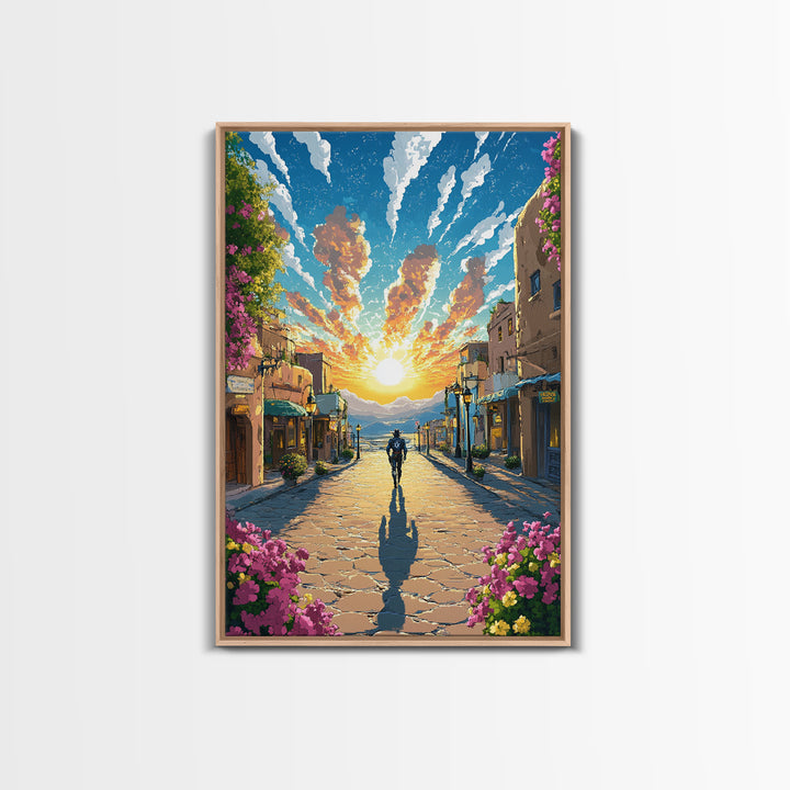 Golden Sunrise Cobblestone Village Wall Art, Mediterranean Landscape Print, Travel Poster, Warm Entryway Home Decor, Living Room Decor
