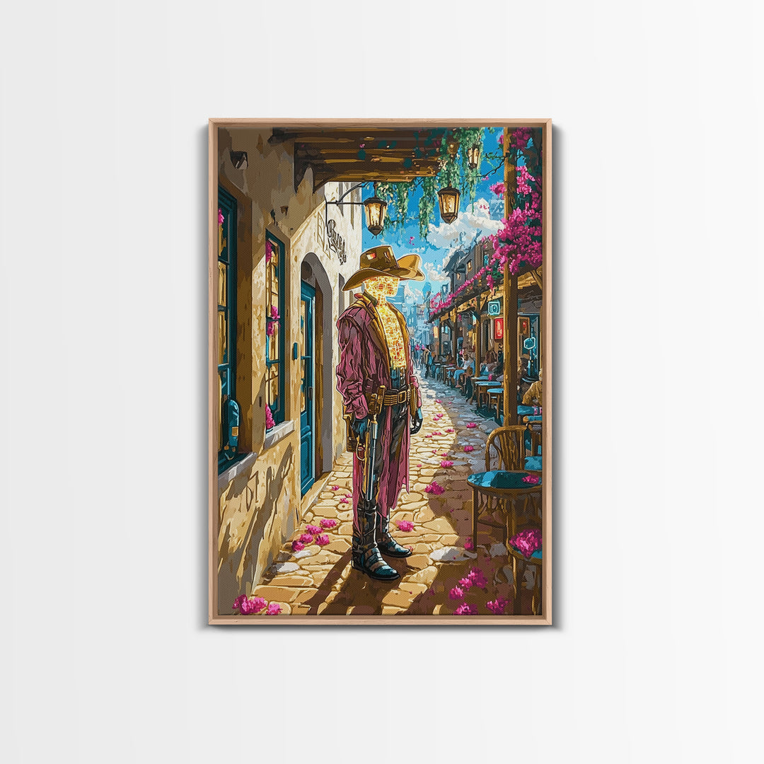 Cyber Western Cowboy In Sunlit Old Town Wall Art, Southwestern Travel Poster, Futuristic Canvas Print, Eclectic Home Decor