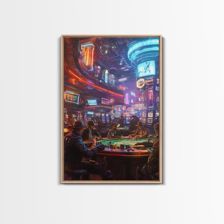 Neon Cyberpunk Poker Room With Outlaws Canvas Print, Futuristic Wall Art, Casino Poster, Man Cave And Game Room Decor For Him Gift