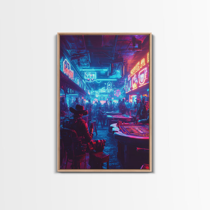 Blue Pink Neon Western Casino Bar Wall Art, Cyberpunk Poster, Futuristic Gaming Room Decor, Man Cave Gift For Him, Trendy Sci Fi Home Decor