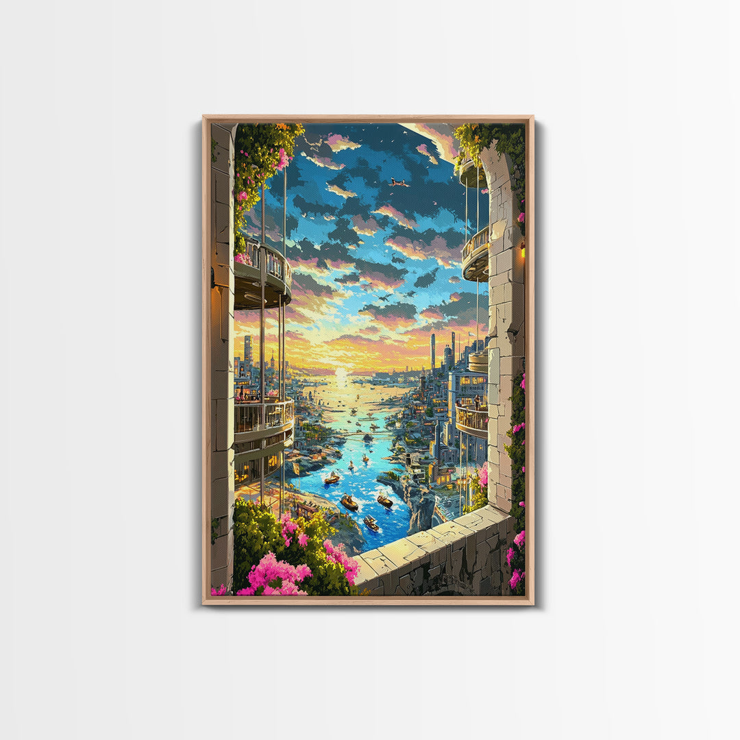 Sunset Harbor City View Between Balconies Framed Canvas Print, Coastal Wall Art, Fantasy Landscape, Above Bed Decor, Living Room Decor
