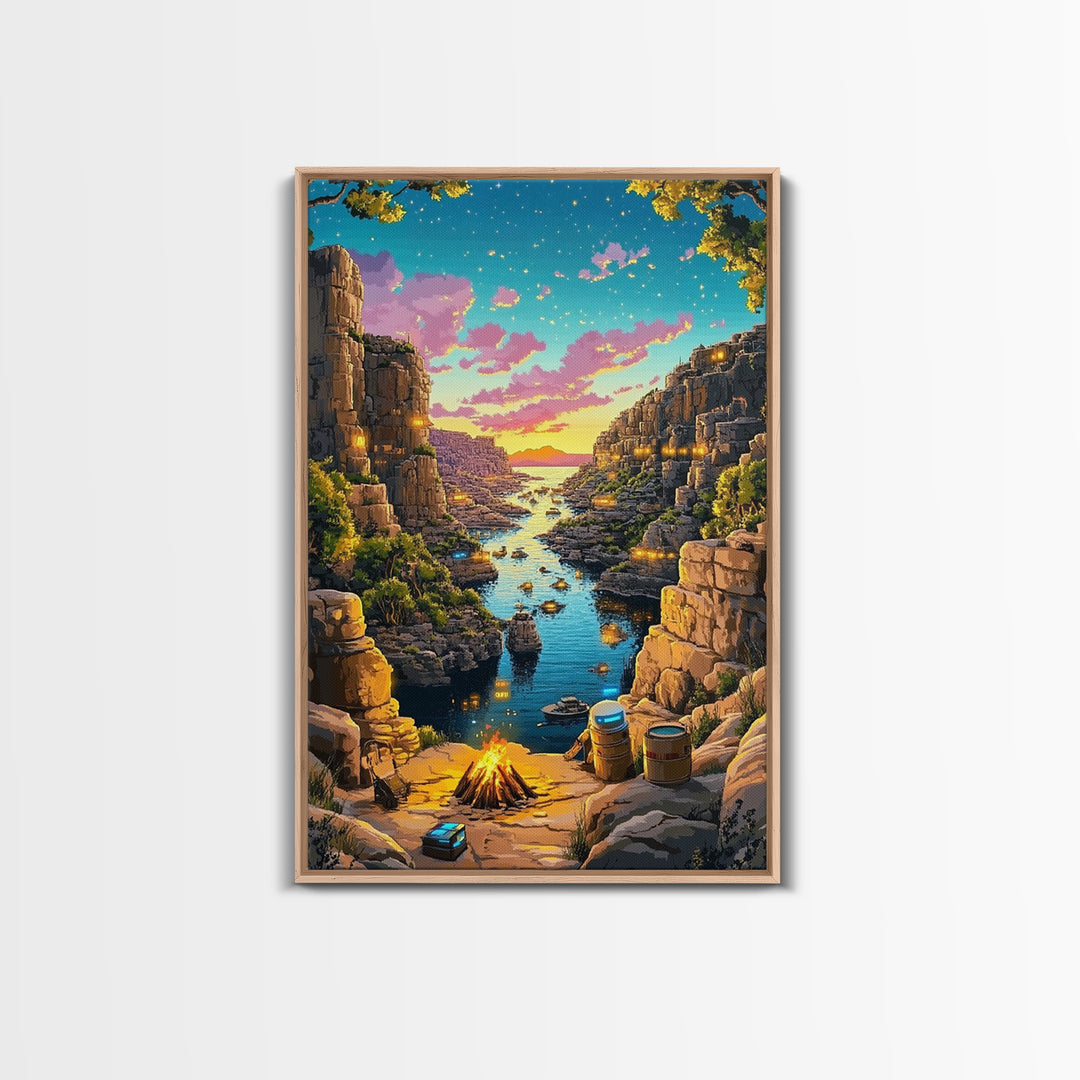 Starry Canyon River Camp At Sunset Canvas Print, Fantasy Wall Art, Adventure Landscape, Rustic Cabin And Game Room Decor