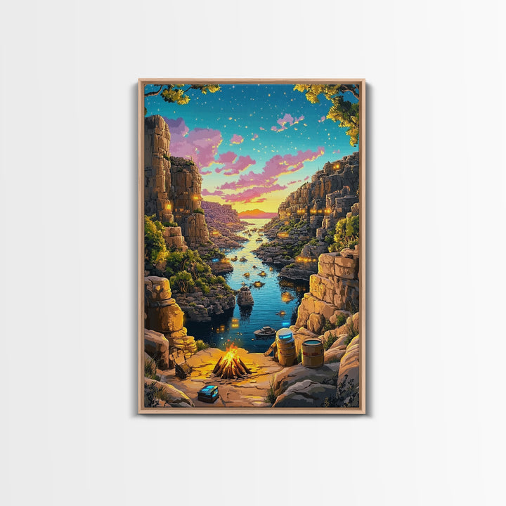 Starry Canyon River Camp At Sunset Canvas Print, Fantasy Wall Art, Adventure Landscape, Rustic Cabin And Game Room Decor