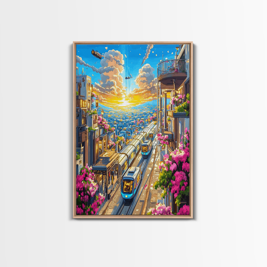 Sunset City Train Tracks With Flower Balconies Canvas Print, Futuristic Wall Art, Urban Travel Poster, Modern Home Decor