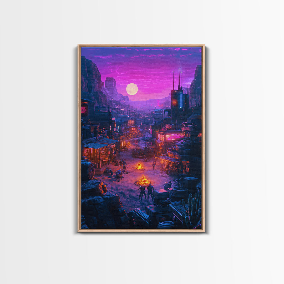 Purple Moon Cyberpunk Desert Settlement Wall Art, Sci Fi Western Poster, Dystopian Landscape, Gaming Room Decor Gift For Him