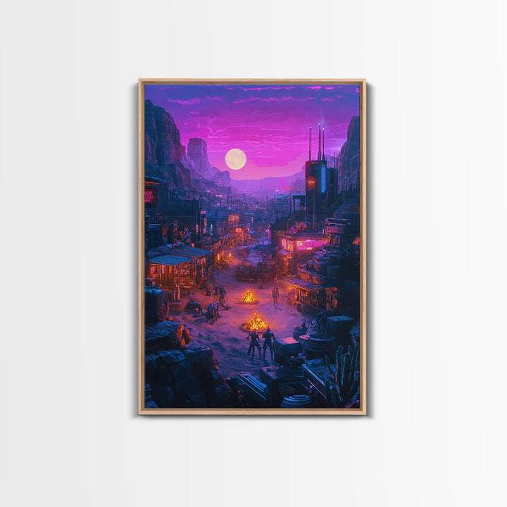 Purple Moon Cyberpunk Desert Settlement Wall Art, Sci Fi Western Poster, Dystopian Landscape, Gaming Room Decor Gift For Him