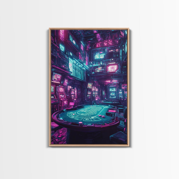 Cyberpunk Neon Casino Poker Room Wall Art, Futuristic Gaming Room Decor, Sci Fi Poster, Vaporwave Home Decor Print For Man Cave