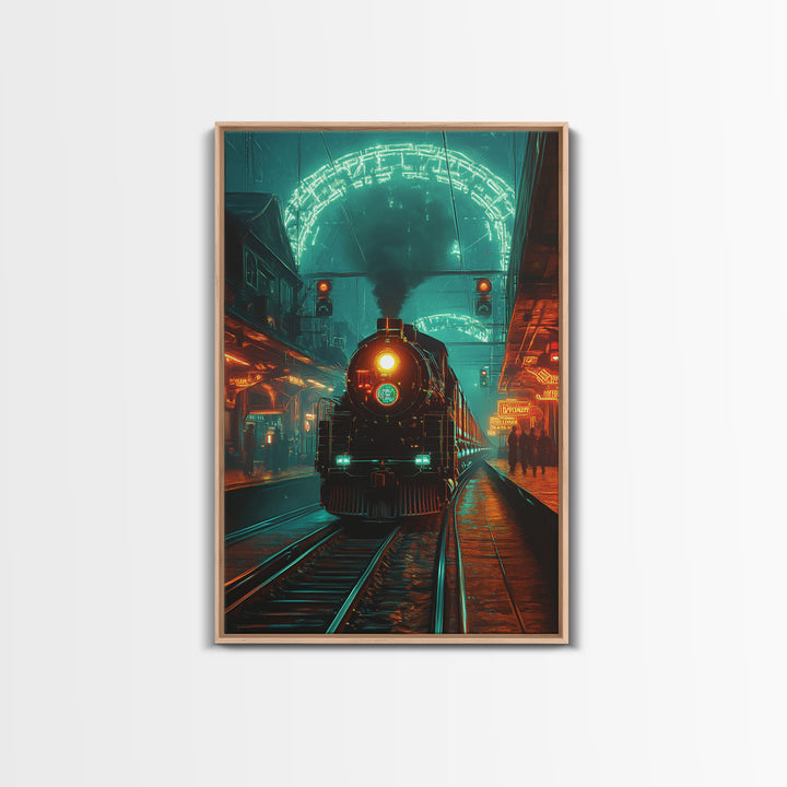 Steampunk Train Station Framed Canvas Print, Futuristic Wall Art, Sci Fi Decor, Industrial Travel Poster For Office Decor