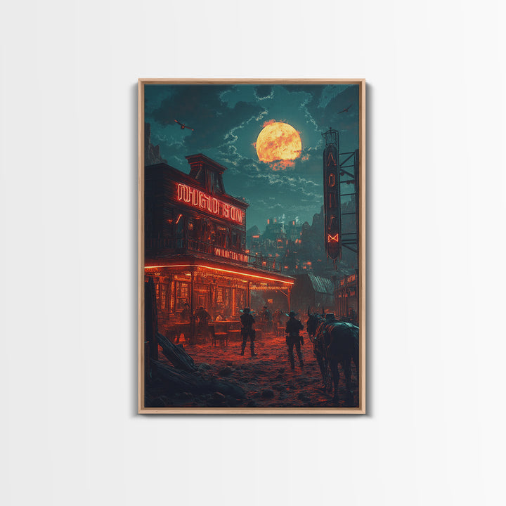 Dark Western Saloon Moon Wall Art, Moody Cowboy Canvas Print, Gothic Rustic Decor, Southwestern Poster For Man Cave Living Room Decor