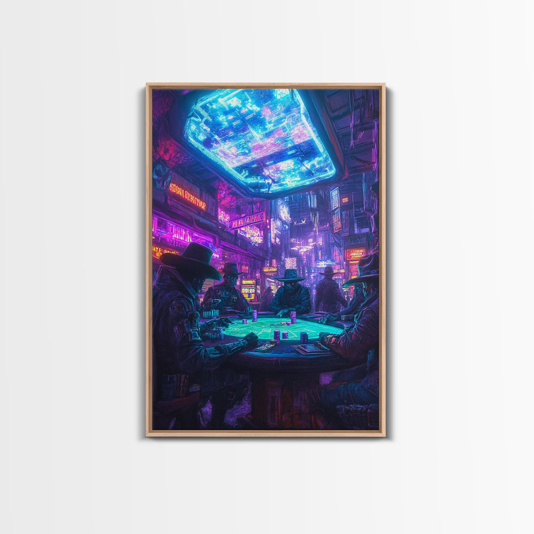 Cyberpunk Western Poker Game Wall Art, Neon Cowboy Canvas Print, Sci Fi Saloon Decor, Futuristic Man Cave Poster For Gaming Room Decor
