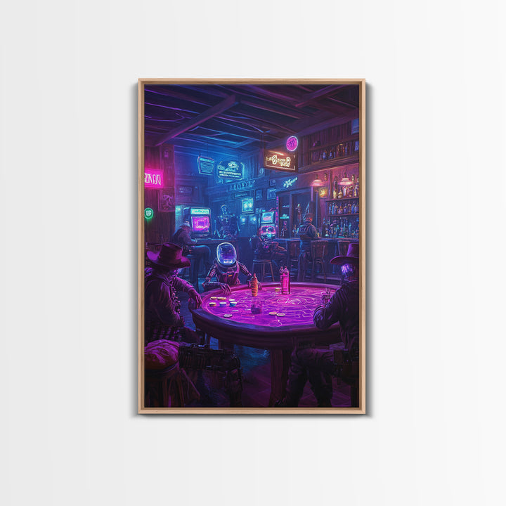 Neon Cyberpunk Poker Saloon Wall Art, Futuristic Western Canvas Print, Man Cave Decor, Game Room Art, Sci Fi Gift For Him