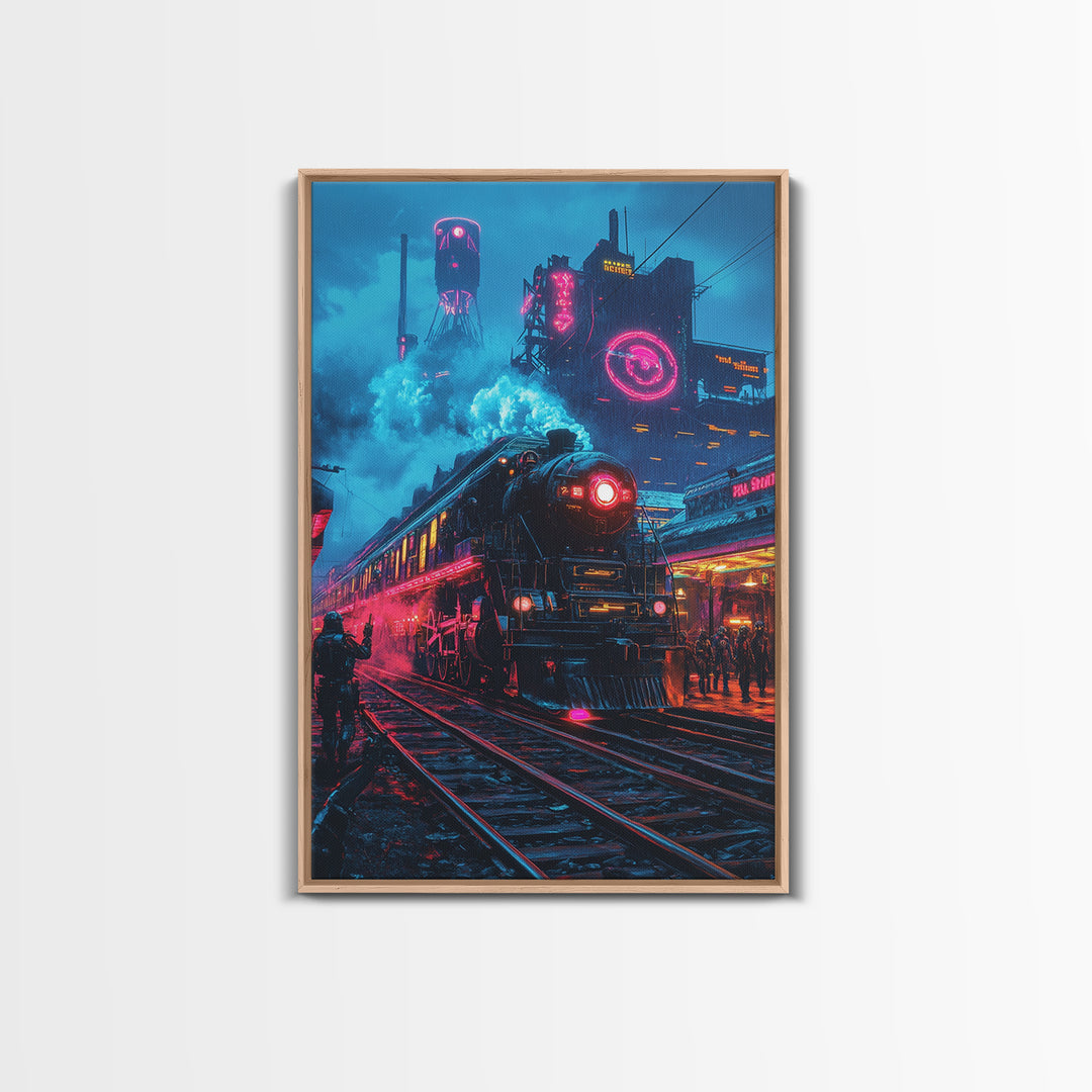 Neon Dystopian Steam Train Canvas Print, Cyberpunk City Wall Art, Futuristic Decor, Sci Fi Poster, Gaming Room Gift For Him