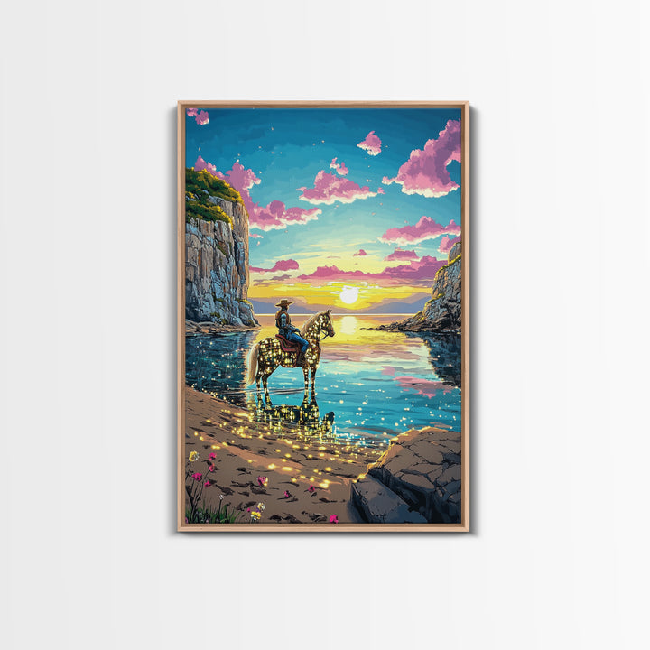Glowing Cowgirl Horse On Sunset Cove Canvas Print, Western Wall Art, Coastal Decor, Romantic Bedroom Art, Unique Gift For Her