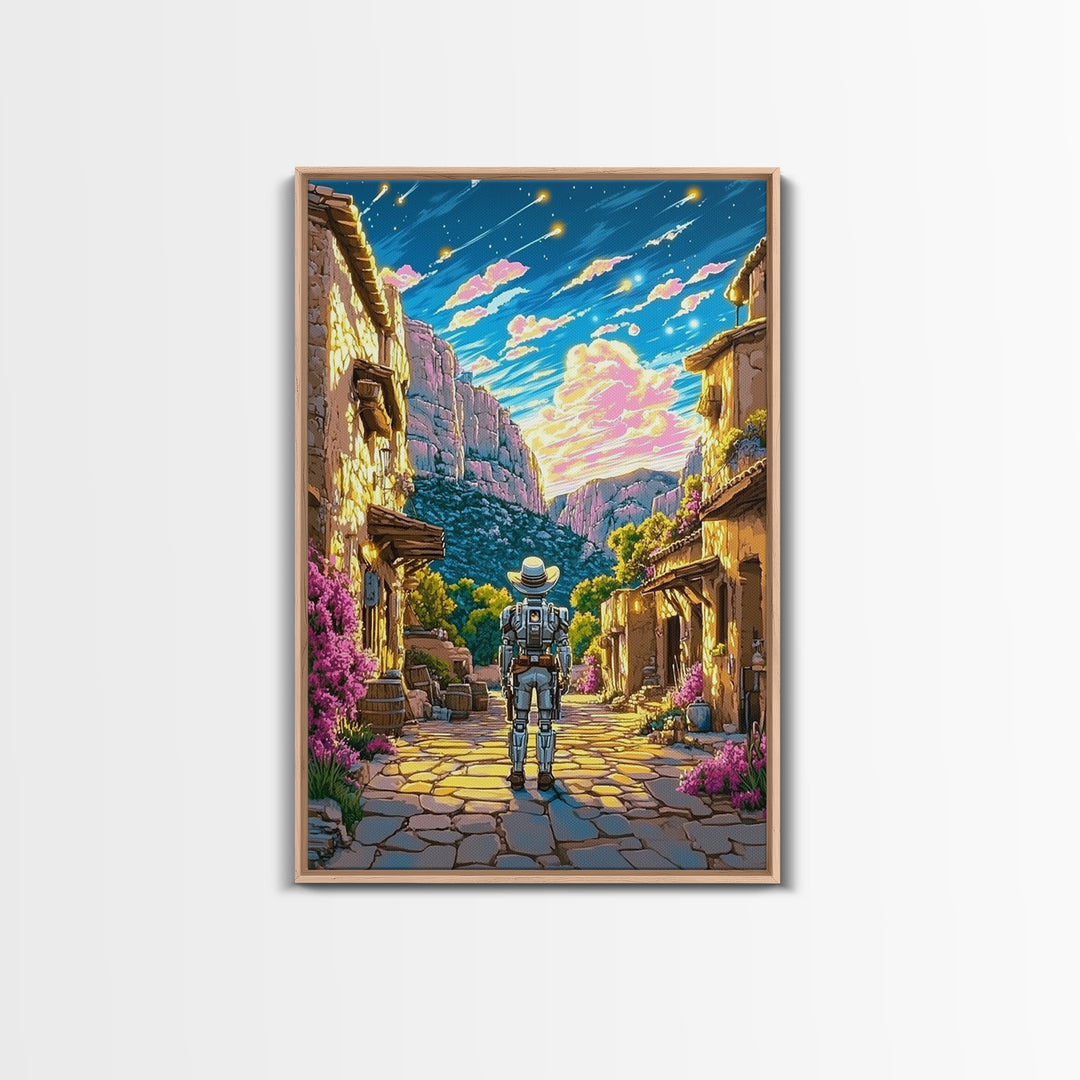 Astronaut In Canyon Village Under Meteors Canvas Print, Futuristic Wall Art, Space Decor, Sci Fi Poster, Gamer Room Decor, Gift For Him