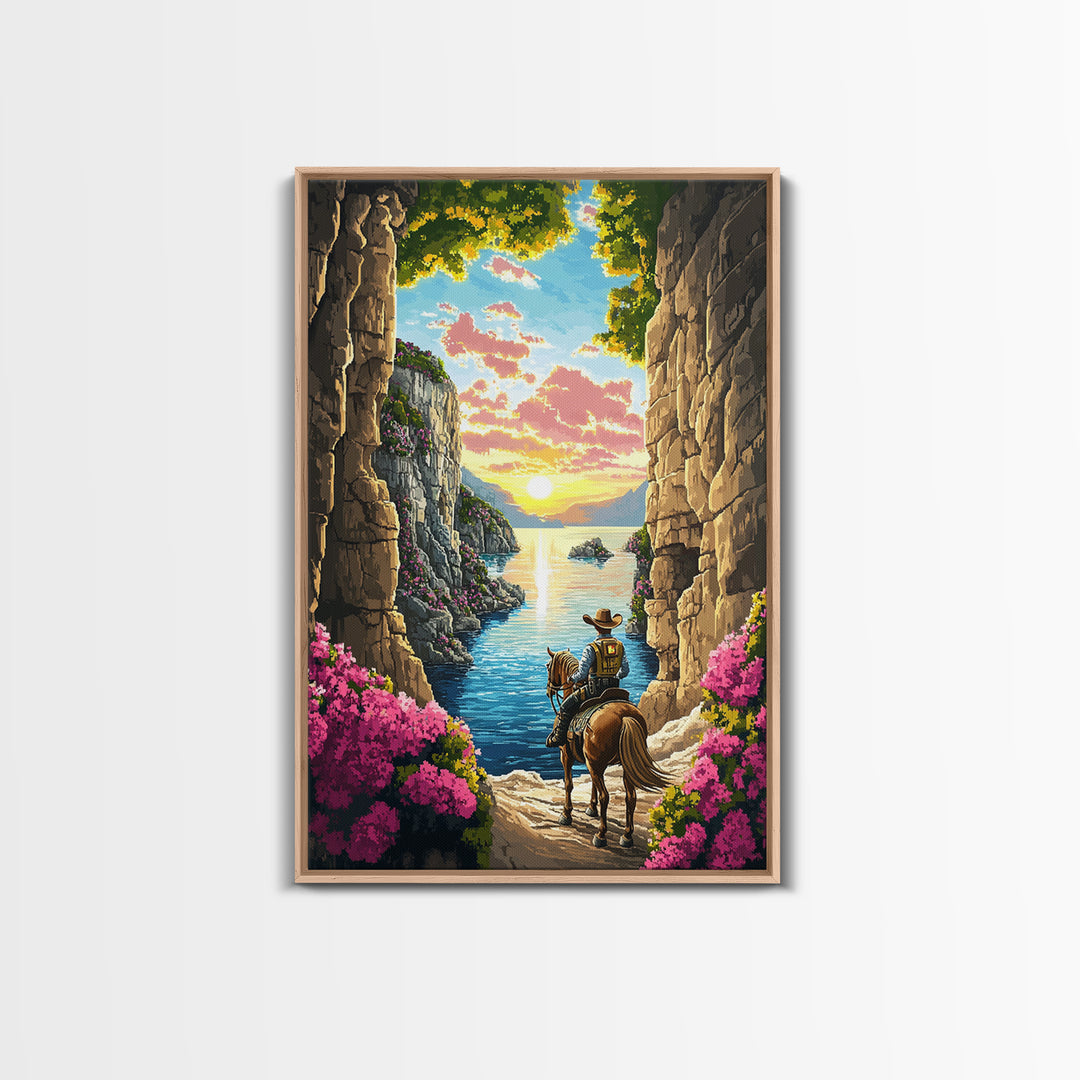 Cowboy Horseback Coastal Canyon Sunset Wall Art, Western Landscape Canvas, Adventure Decor, Ocean Cliff Art Print, Living Room Decor