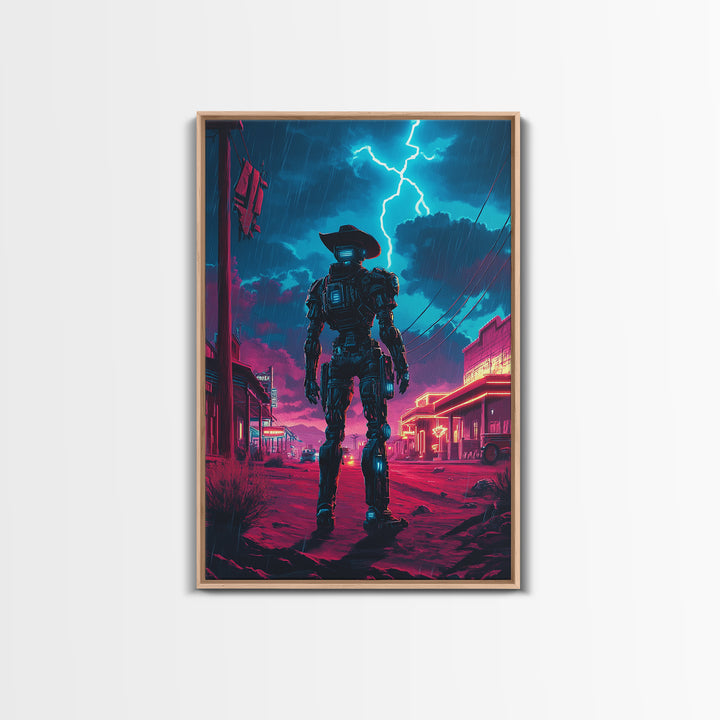 Robot Cowboy In Neon Storm Western Town Wall Art, Cyberpunk Sci Fi Poster, Futuristic Gaming Room Decor, Man Cave Gift For Him