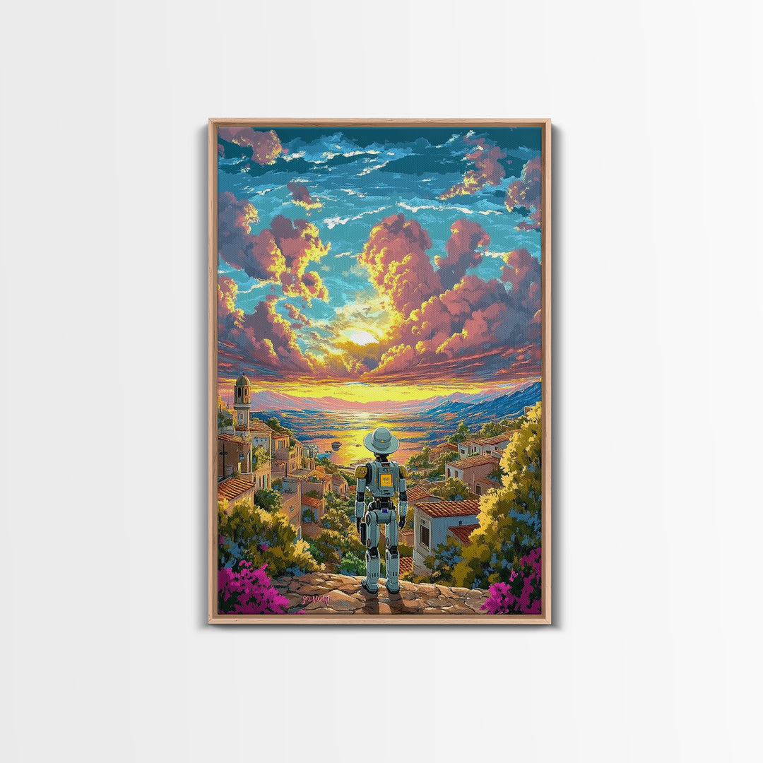 Robot Traveler Above Coastal Village Sunset Framed Canvas Print, Mediterranean Wall Art, Modern Landscape Decor, Living Room Art