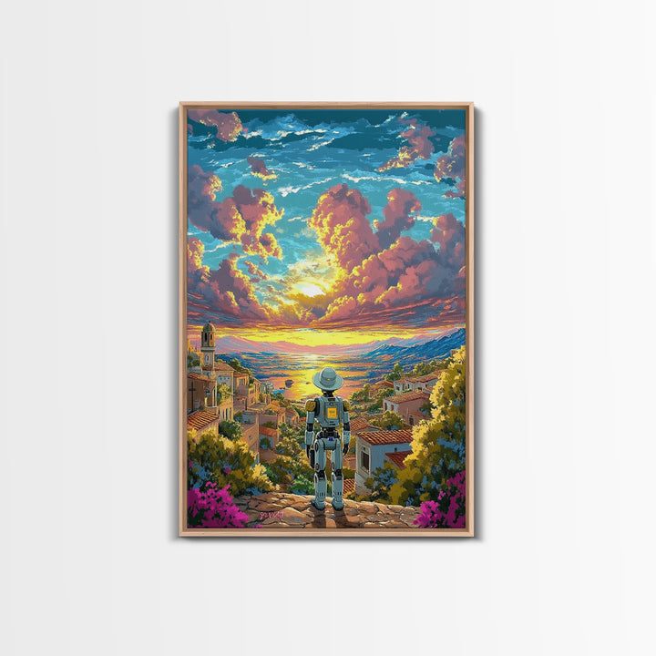 Robot Traveler Above Coastal Village Sunset Framed Canvas Print, Mediterranean Wall Art, Modern Landscape Decor, Living Room Art