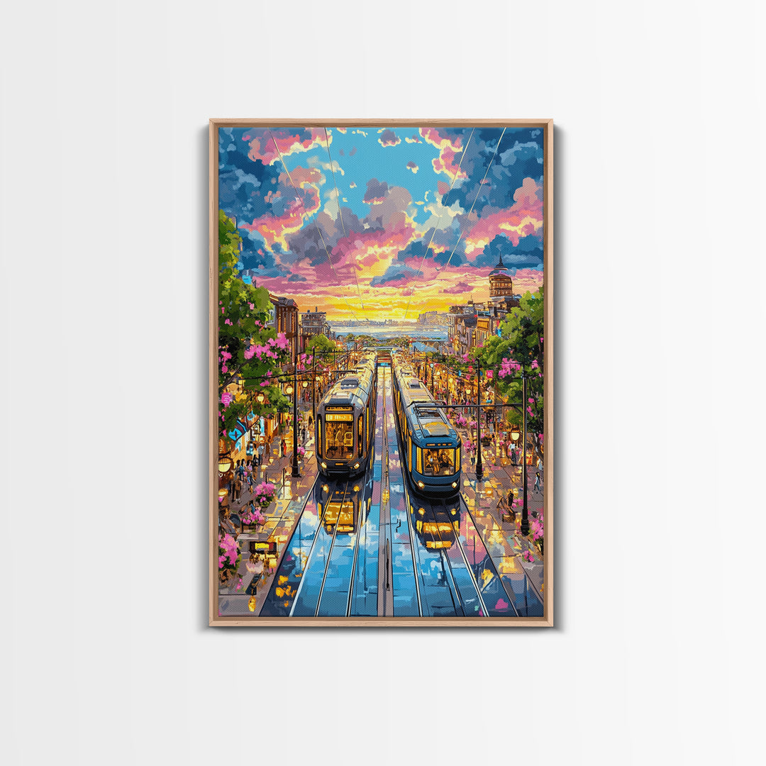 Colorful Tram Street At Sunset Canvas Print, Urban Landscape Wall Art, City Travel Poster, Eclectic Living Room Home Decor