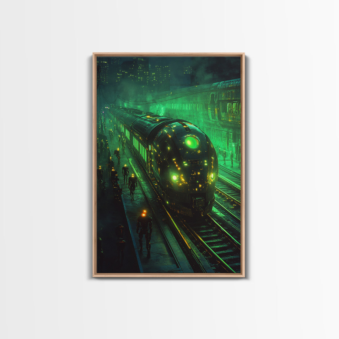 Glowing Green Futuristic Train Station Wall Art, Cyberpunk Railway Canvas, Dark Sci Fi Cityscape Office Decor, Gaming Room Art