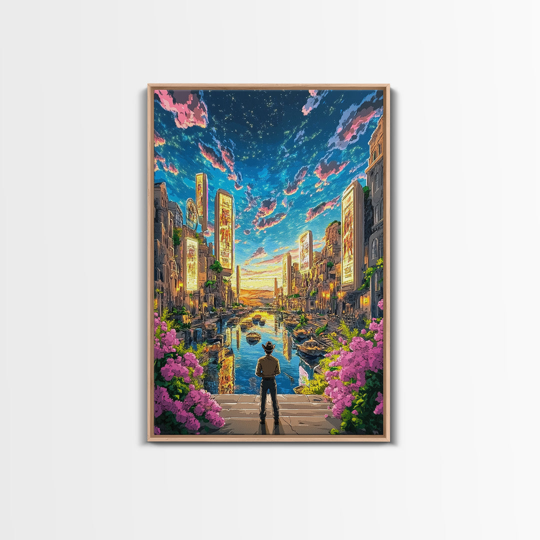 Cowboy Overlooking Neon Canal City At Dusk Wall Art, Futuristic Western Travel Poster, Colorful Urban Home Decor, Living Room Art