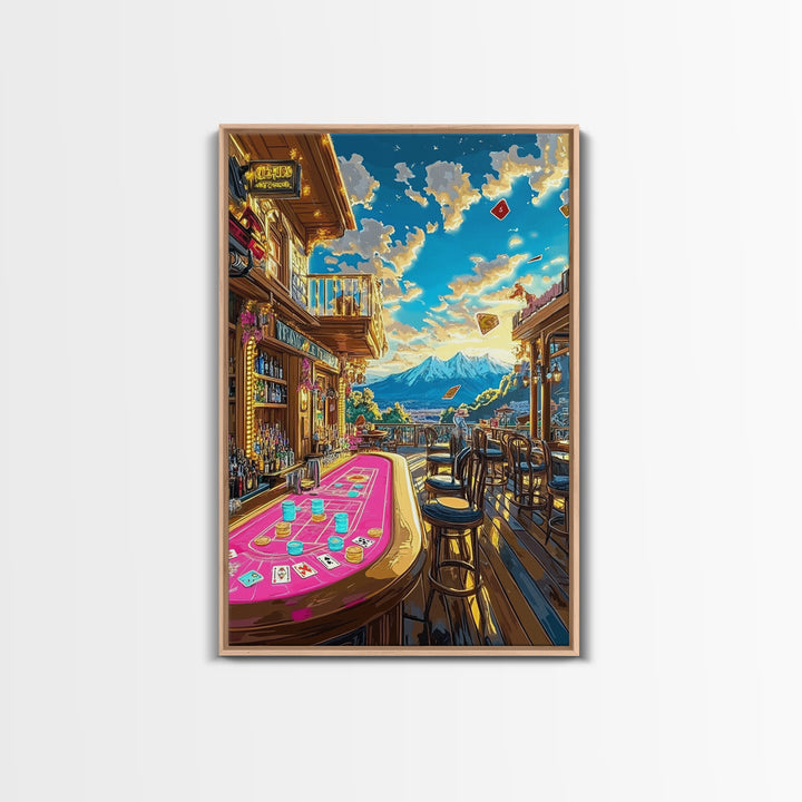Mountain Casino Bar With Poker Table Canvas Print, Game Room Wall Art, Speakeasy Decor, Home Bar Decor, Man Cave Gift For Him