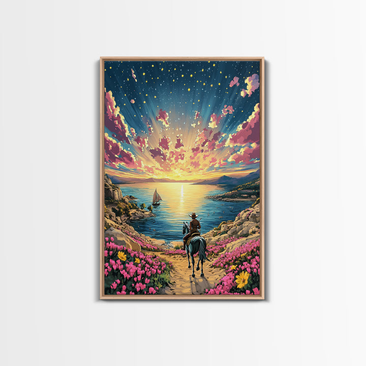 Sunset Cowboy Horse By Flowered Sea Cove Wall Art, Western Coastal Landscape Canvas Print, Beach House Living Room Decor Gift