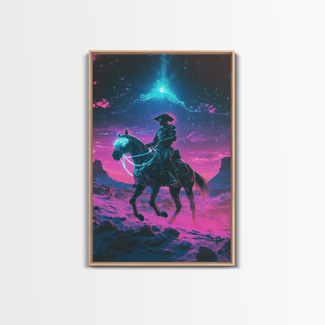 Neon Cosmic Cowboy On Glowing Horse Wall Art, Futuristic Western Desert Canvas Print, Sci Fi Space Decor For Gamers Gift