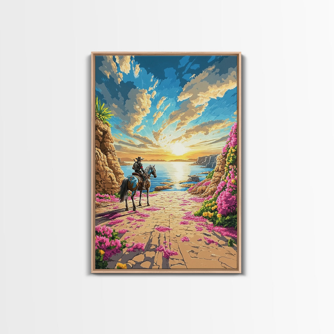 Western Rider On Coastal Flower Path Wall Art, Sunset Seascape Landscape Framed Canvas Print, Beach House Decor Gift Idea