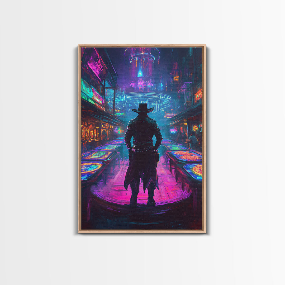 Cyber Cowboy In Neon Futuristic City Wall Art, Dystopian Western Street Canvas Print, Sci Fi Gaming Room Decor Gift For Him